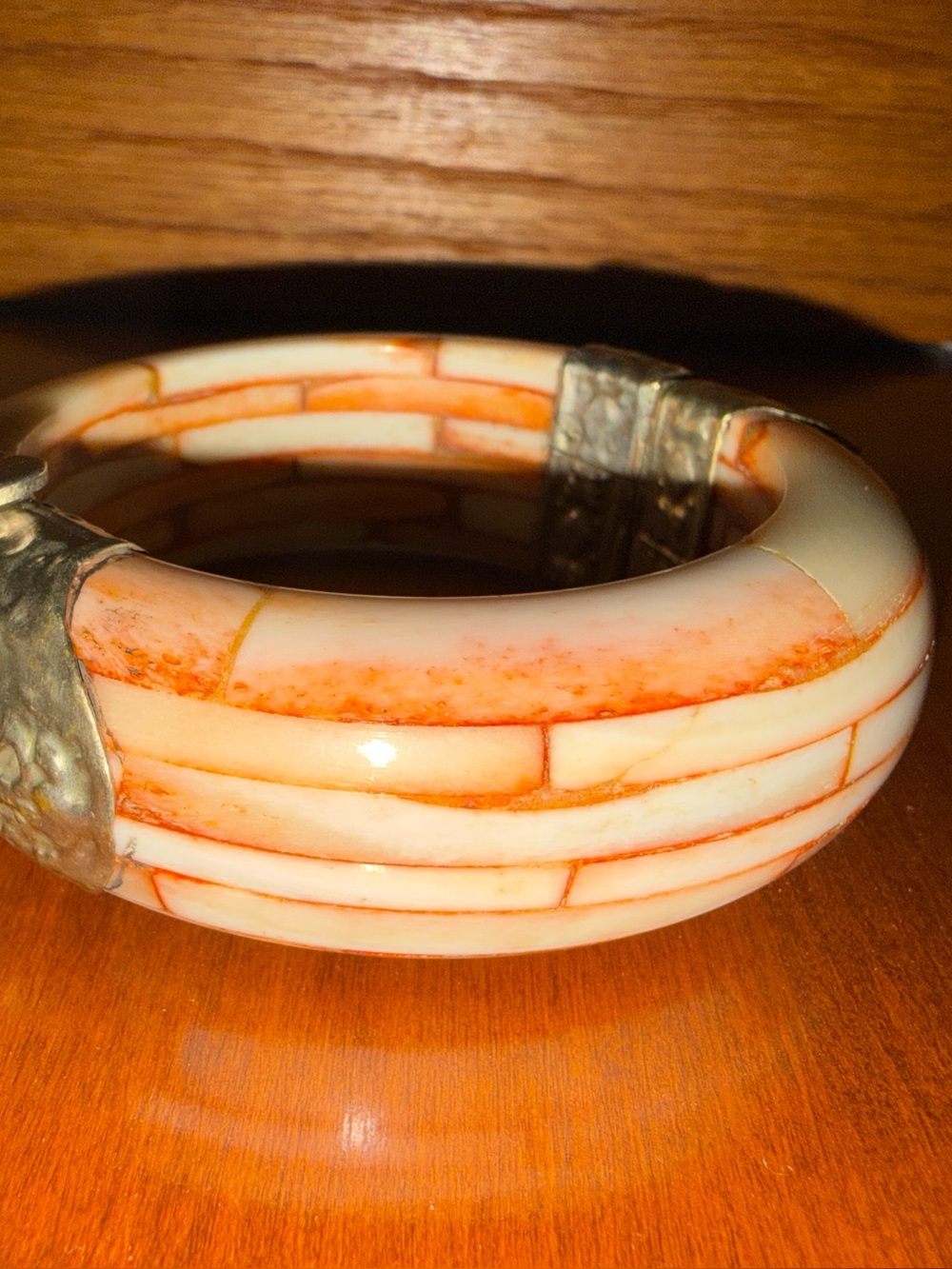 Source Unknown White and Orange Inlay Bangle Bracelet
